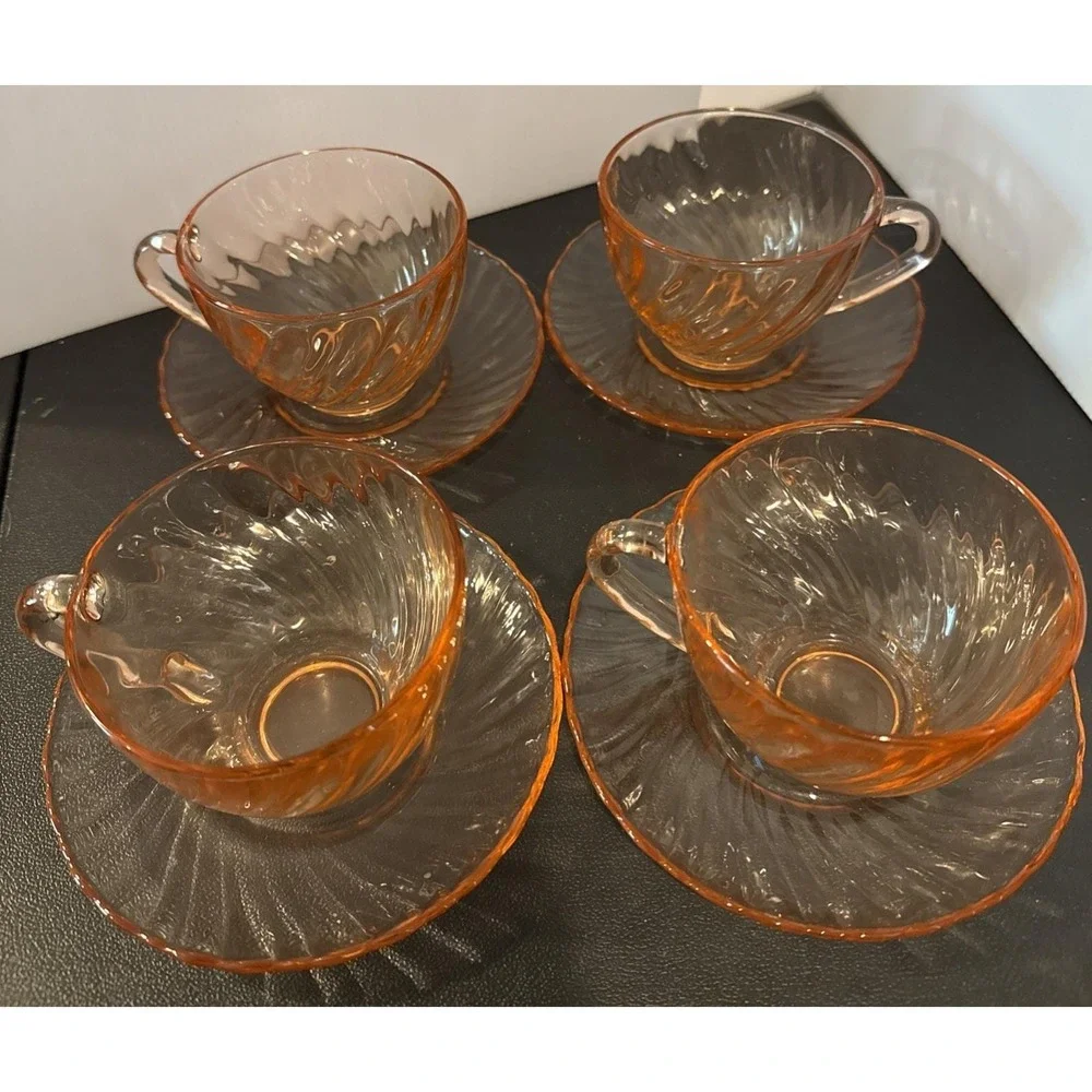 Arcoroc France Rosaline Pink Glass Swirl Coffee Teacup Tea Cup Saucers Set Of 4